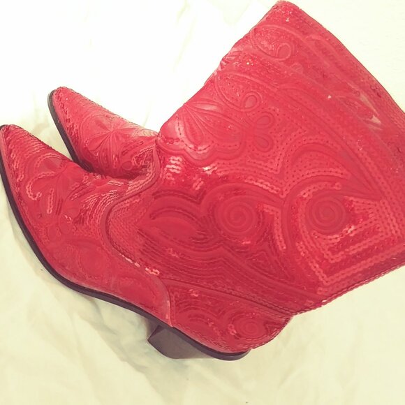 Red sparkly sequin Texas cowgirl boots - Picture 1 of 3